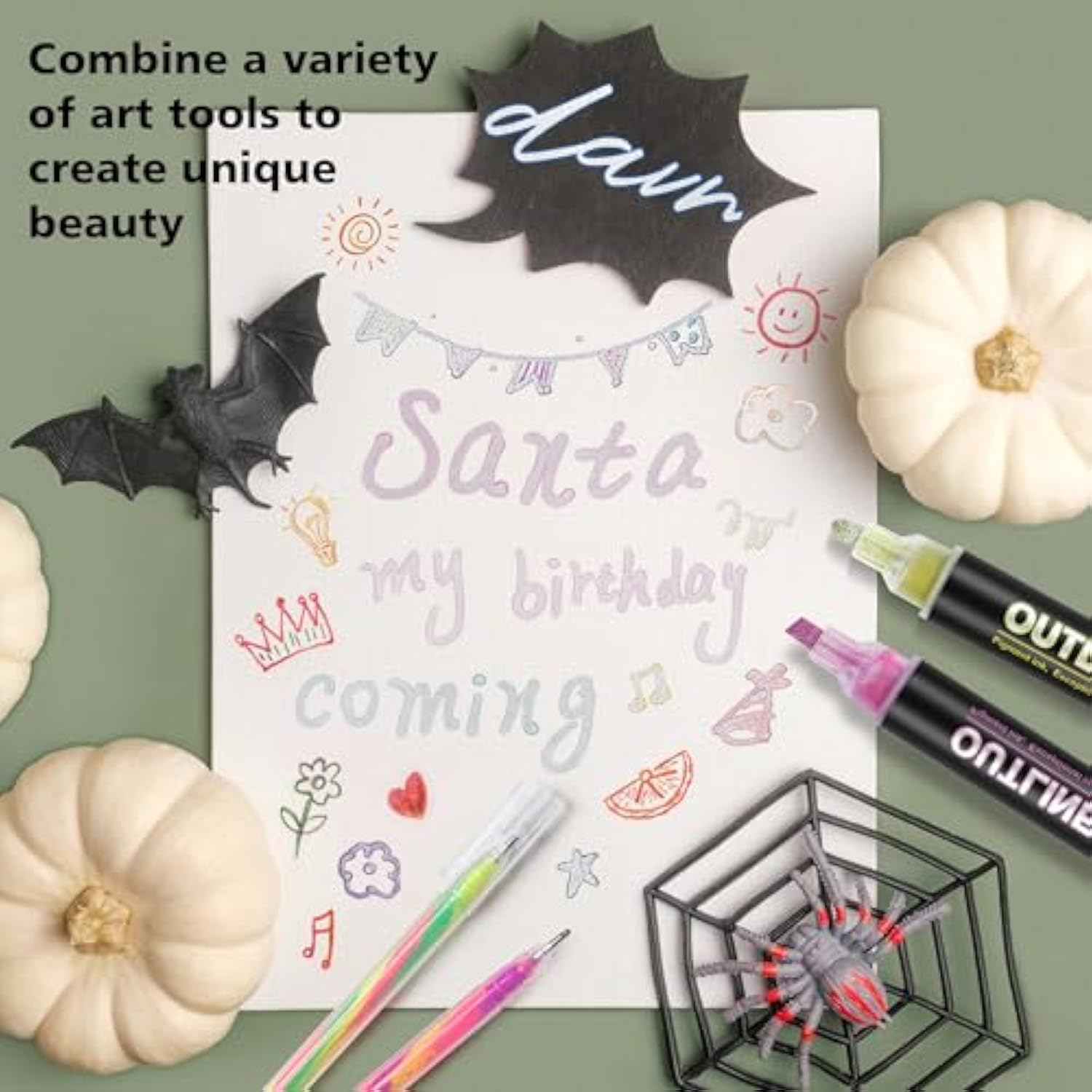 24 Color Larger Outline Shimmer Markers, Double-Line Super Squiggles Metallic Markers,Glitter Outline Pens For Halloween Christmas Card,Teen Girl Gifts Trendy Stuff, Art Supplies Crafts