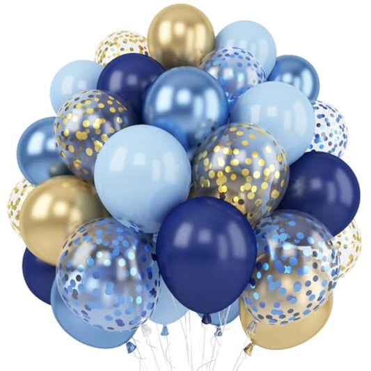 Navy Blue Gold Balloon, 60 Packs 12 Inch Metallic Blue And Macaron Blue Balloons With Metallic Gold Confetti Balloons For Birthday Party Decorations, Wedding, Bridal Shower, Baby Shower, Graduate