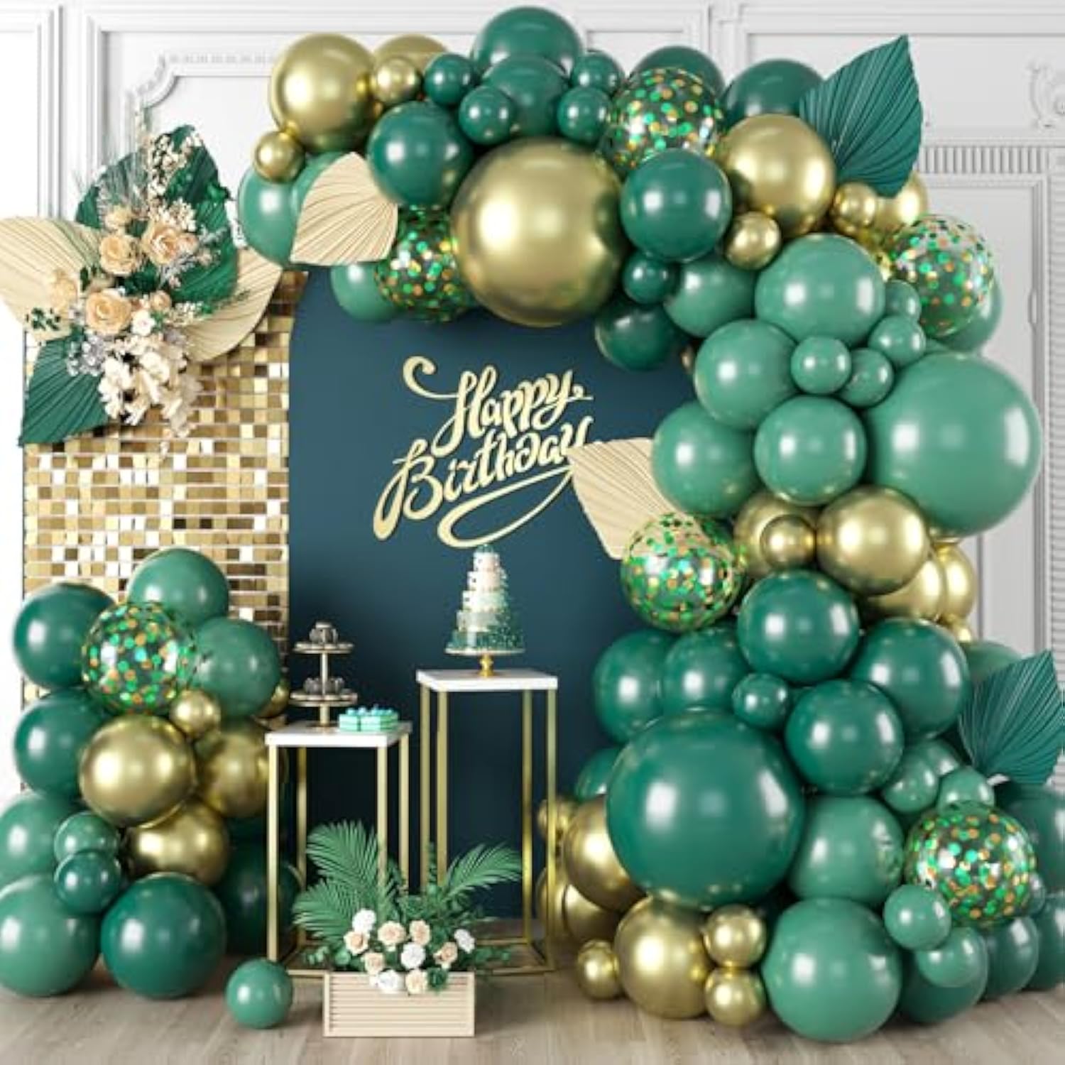 Green And Gold Balloon Arch Garland Kit, 120Pcs Dark Emerald Green Sage Green Sand Gold Confetti Green Gold Balloon For Birthday Graduation Wedding Christmas New Year Eve Party Decorations