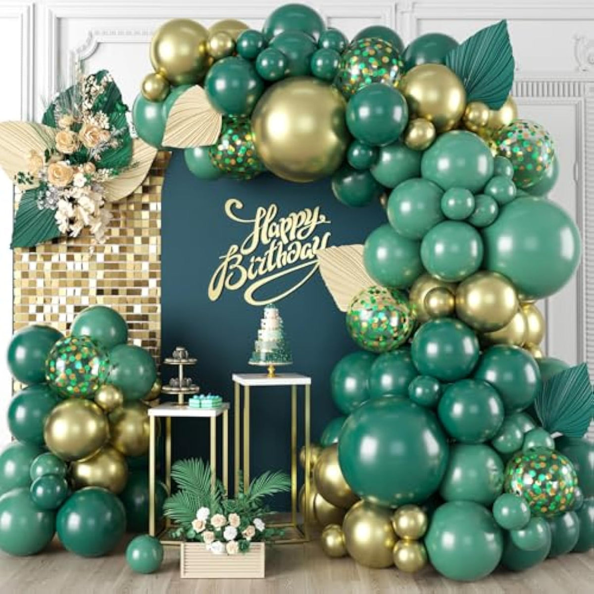 Green And Gold Balloon Arch Garland Kit, 120Pcs Dark Emerald Green Sage Green Sand Gold Confetti Green Gold Balloon For Birthday Graduation Wedding Christmas New Year Eve Party Decorations