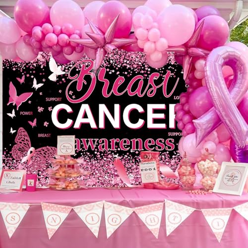 Breast Cancer Awareness Decorations, Breast Cancer Awareness Backdrop,Breasts Cancer Awareness Banner,Pink Ribbon Banner Backdrop for Breast Cancer Decor, 72x43 Inch (BLACK)