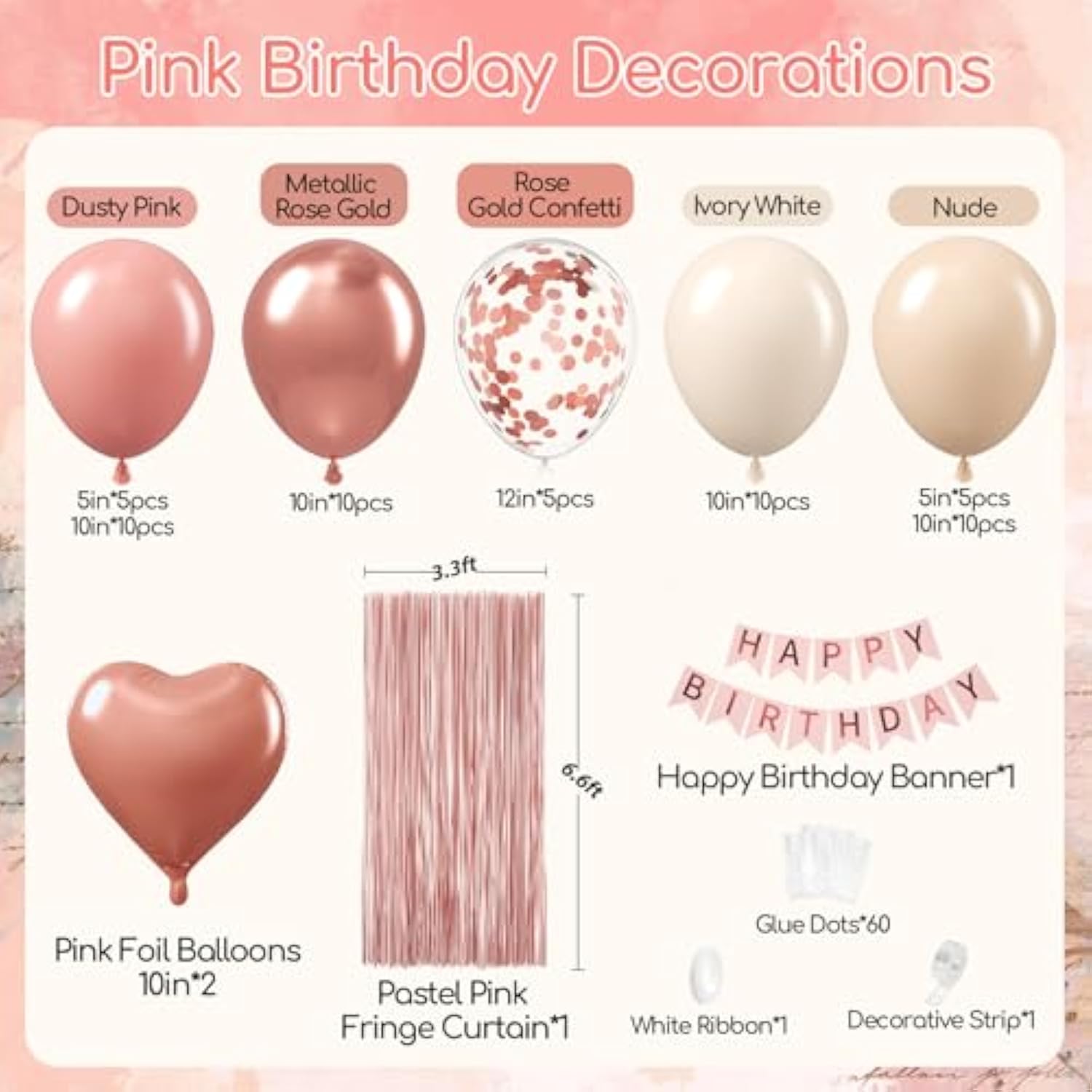Pink Birthday Decorations For Women With Dusty Pink Nude White Metallic Rose Gold Confetti Foil Balloons Fringe Curtain Happy Birthday Banner For Women Birthday Decorations