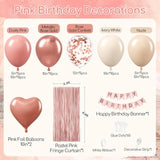 Pink Birthday Decorations For Women With Dusty Pink Nude White Metallic Rose Gold Confetti Foil Balloons Fringe Curtain Happy Birthday Banner For Women Birthday Decorations