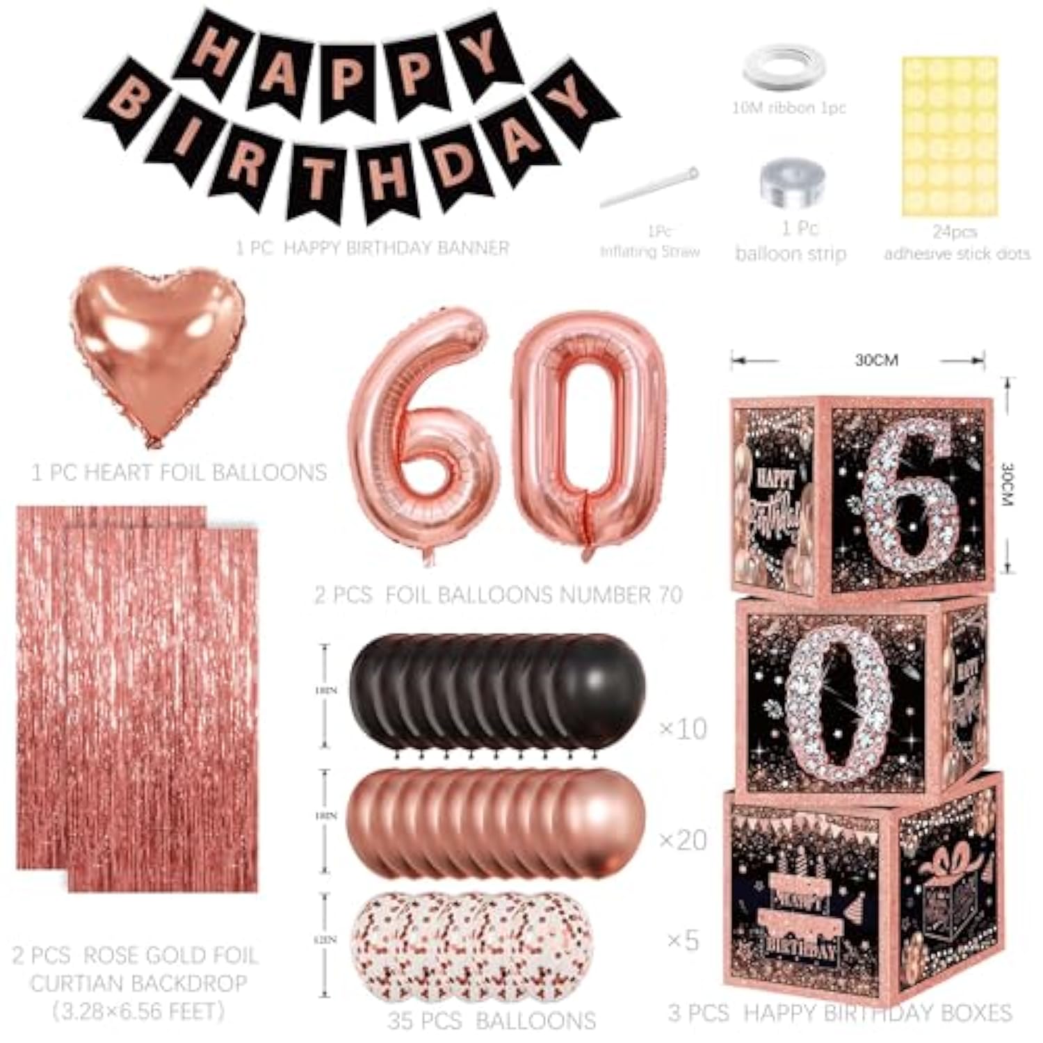 Rose Gold 60Th Birthday Decorations For Woman,Birthday Decorations For Women Girls Black And Pink Balloon Boxes Birthday Party Favors