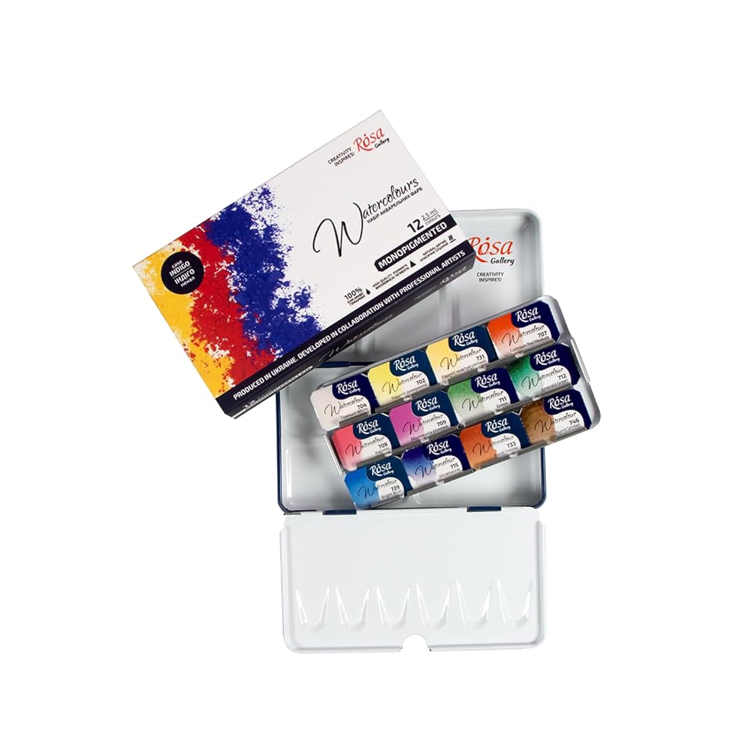 Monopigmented Professional Watercolor Paint Set, 12 Water Colors Of 2.5 Ml, High Lightfastness Paints Kit For Artists, Adult, Lightweight And Portable Metal Case