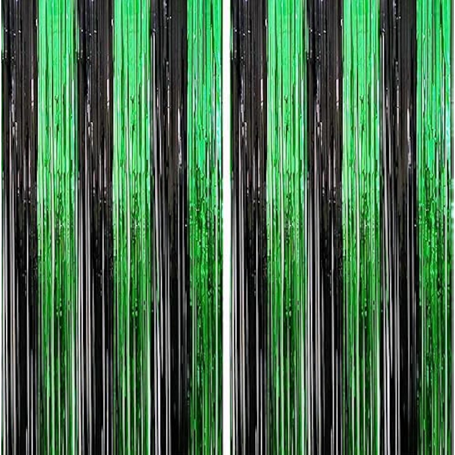 2 Pack 3.3Ft×8.2Ft Black Green Metal Tinsel Foil Fringe Curtains Backdrop Door Window Streamers Birthday St Patrick'S Day Halloween Bachelorette Graduation Hawaiian Jungle Party Decoration