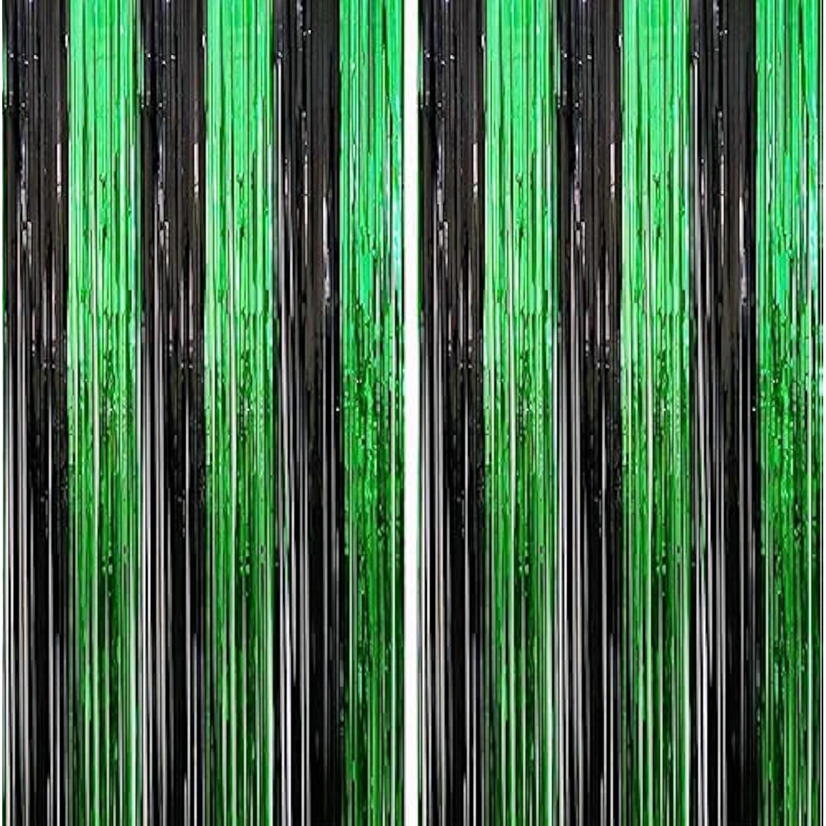 2 Pack 3.3Ft×8.2Ft Black Green Metal Tinsel Foil Fringe Curtains Backdrop Door Window Streamers Birthday St Patrick'S Day Halloween Bachelorette Graduation Hawaiian Jungle Party Decoration