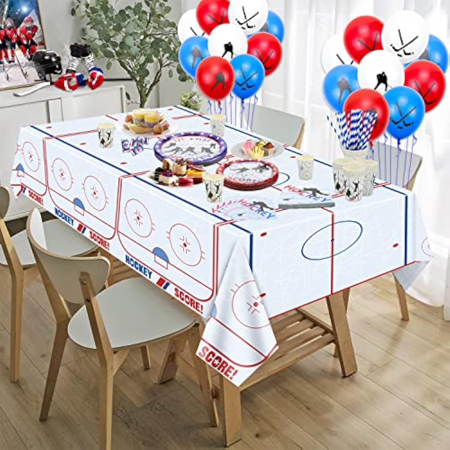 Hockey Party Decorations - 3 Pcs Ice Hockey Tablecloths, 18 Pcs Hockey Balloons Disposable Plastic Ice Hockey Rink Table Cover For Sports Event Game Day Hockey Birthday Party Supplies