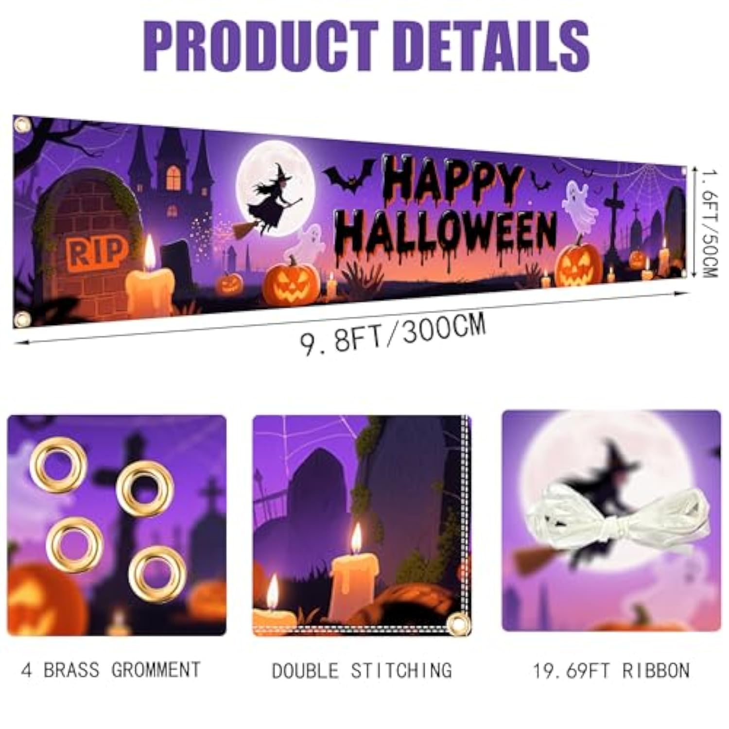 Happy Halloween Banner 120x20in with Ribbon Purple Outdoor Yard Porch Garden Party Backdrop Decor