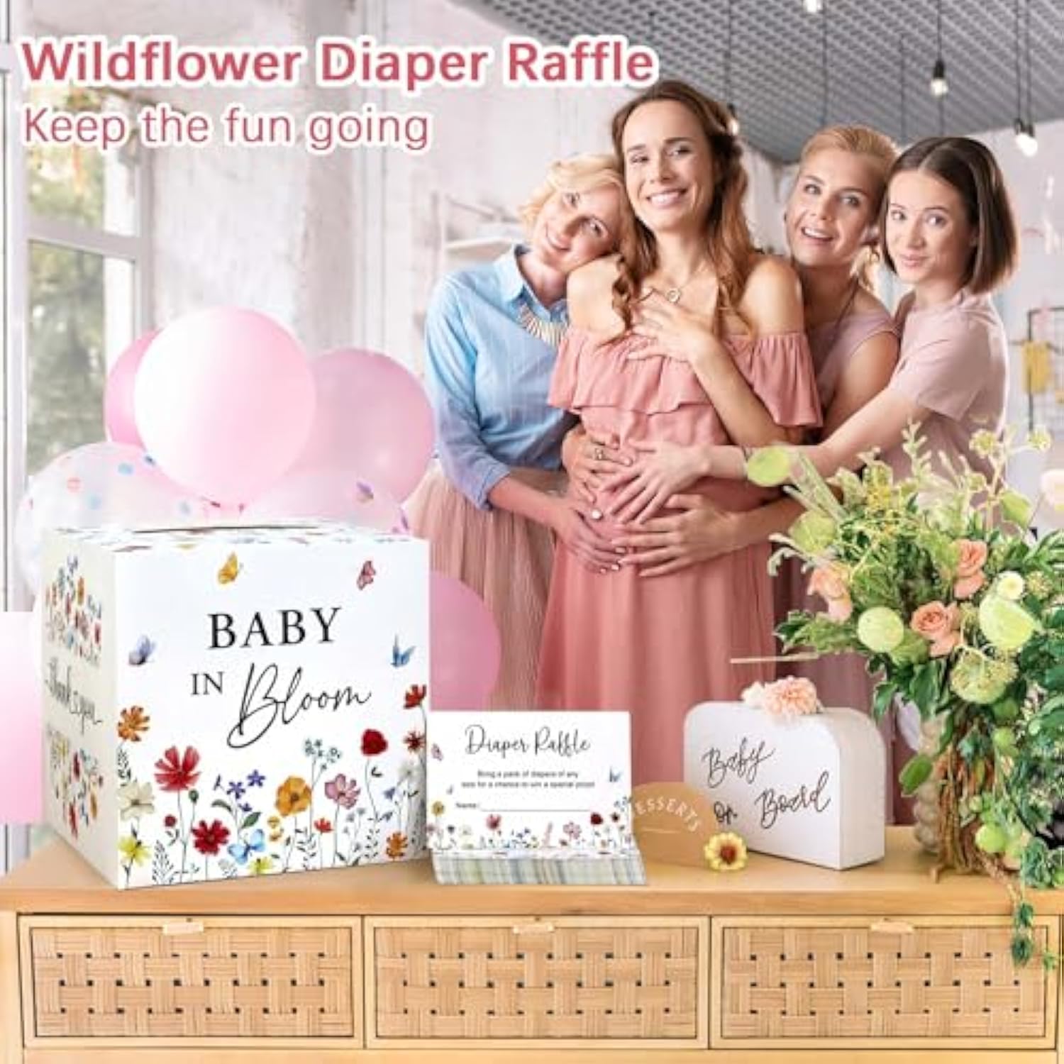 Baby In Bloom Baby Shower Decorations Diaper Raffle Box With 50 Tickets, Girls Wildflower Diaper Raffle Card Box Games Kit