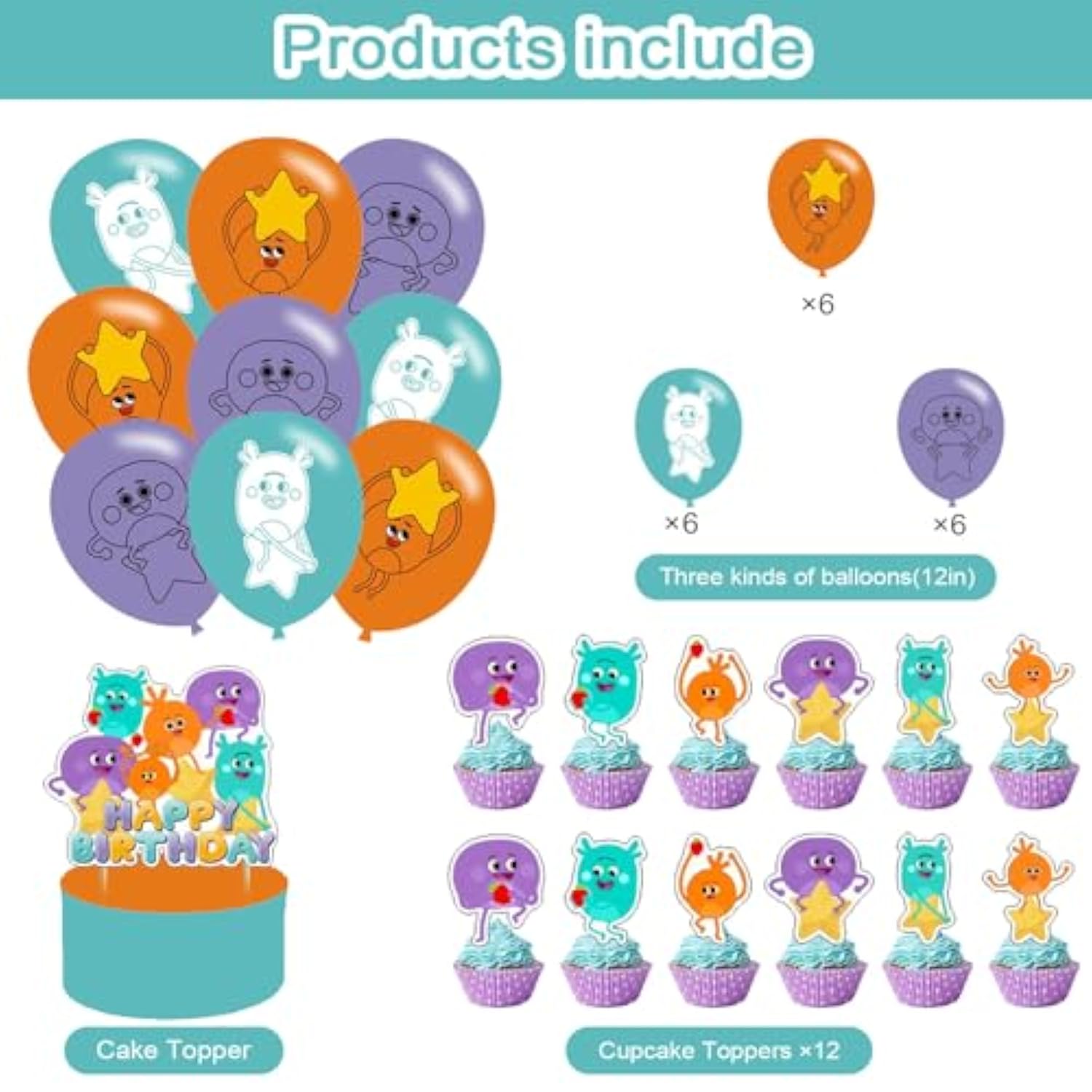 The Bumble Nums Birthday Party Decoration - Super Simple Songs Include Kids Cartoon Anime Birthday Banner, Cake Topper, Latex Balloons For Party Supplies