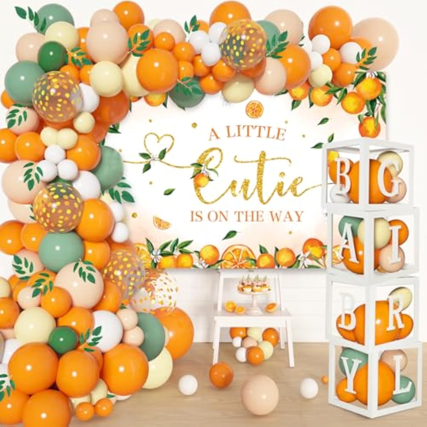 154Pcs Little Cutie Baby Shower Decorations,Orange Balloon Garland Arch Kit With A Little Cutie Is On The Way Backdrop,Baby Balloon Boxes With Letters For Orange Baby Shower Decor,Fruit 1St Birthday