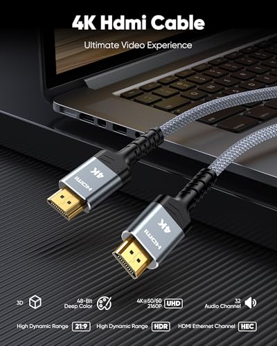 HDMI Cable 6.6 ft, 4K HDMI 2.0 Cord with Ultra HD Stunning Clarity, Nylon Braided & Gold-Plated Connectors, HDR, Ethernet, ARC, 3D, HDCP 2.2,