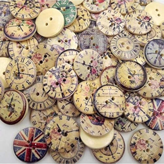 50 Pcs Vintage Style Mixed Patterns Clock 2 Holes Wooden Buttons Sewin