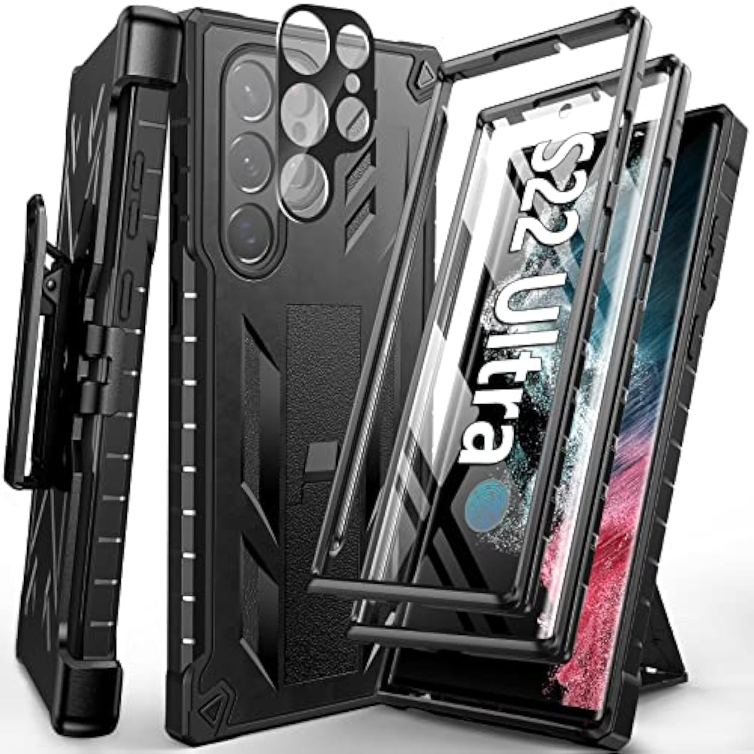 For Samsung Galaxy S22 Ultra Case: Builtin Screen Protector & Kickstand & Beltclip Holster, Fullbody Dual Layer Rugged Heavy Duty Shockproof Protective Phone Coverblack