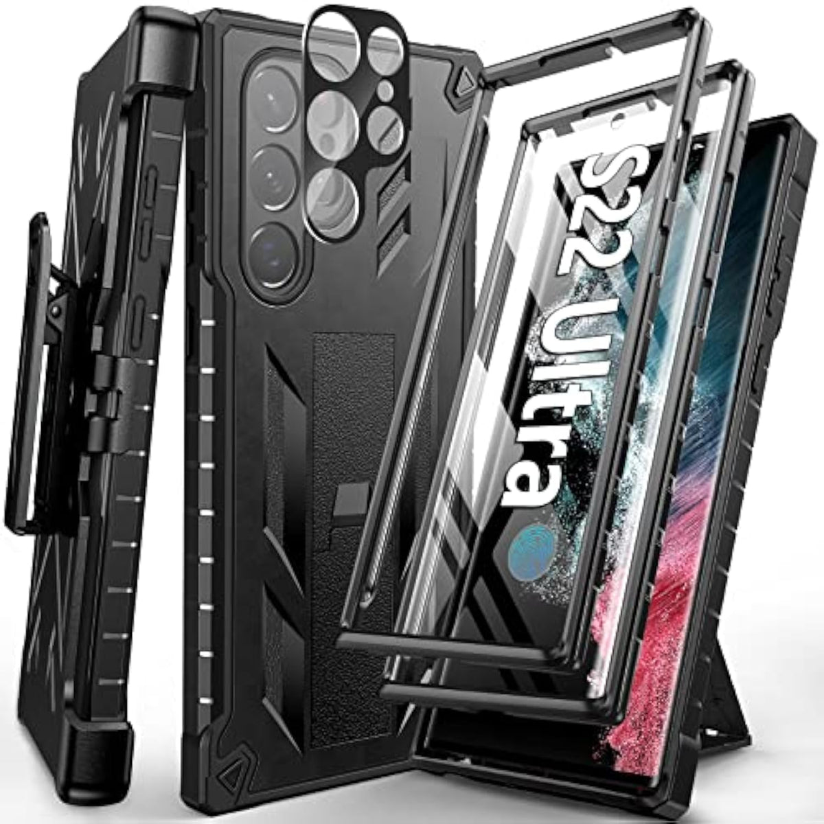 For Samsung Galaxy S22 Ultra Case: Builtin Screen Protector & Kickstand & Beltclip Holster, Fullbody Dual Layer Rugged Heavy Duty Shockproof Protective Phone Coverblack