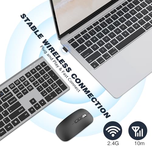 Rechargeable Wireless Keyboard, 2.4G Full Size Ergonomic Scissor Switch Keyboard, Qwerty Layout Silent Keyboard, 12 Multimedia Shortcut Keys For Pc/Desktop/Laptop/Windows-Gray
