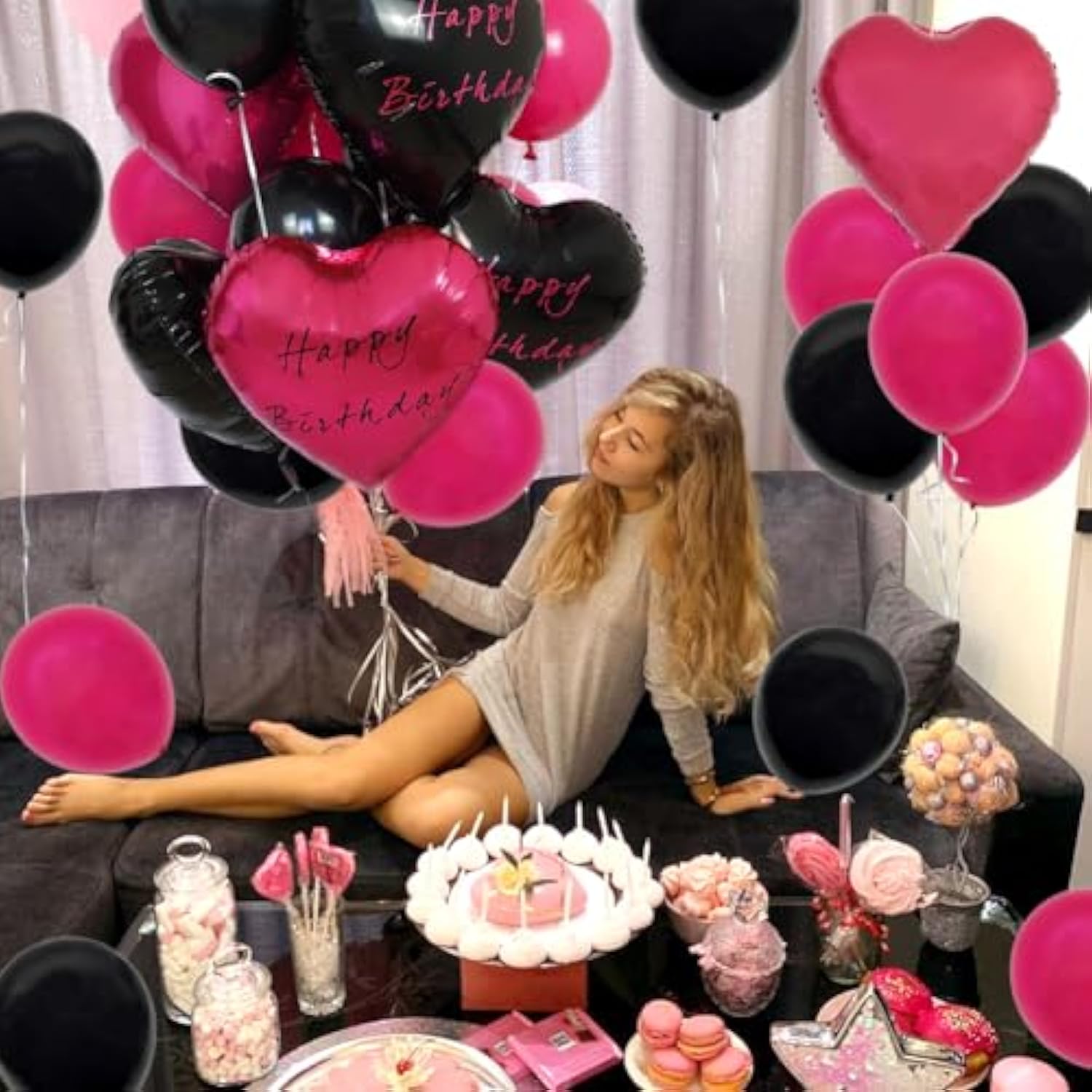 29pcs Black & Hot Pink Happy Birthday Balloons with Foil Hearts for Milestone Parties