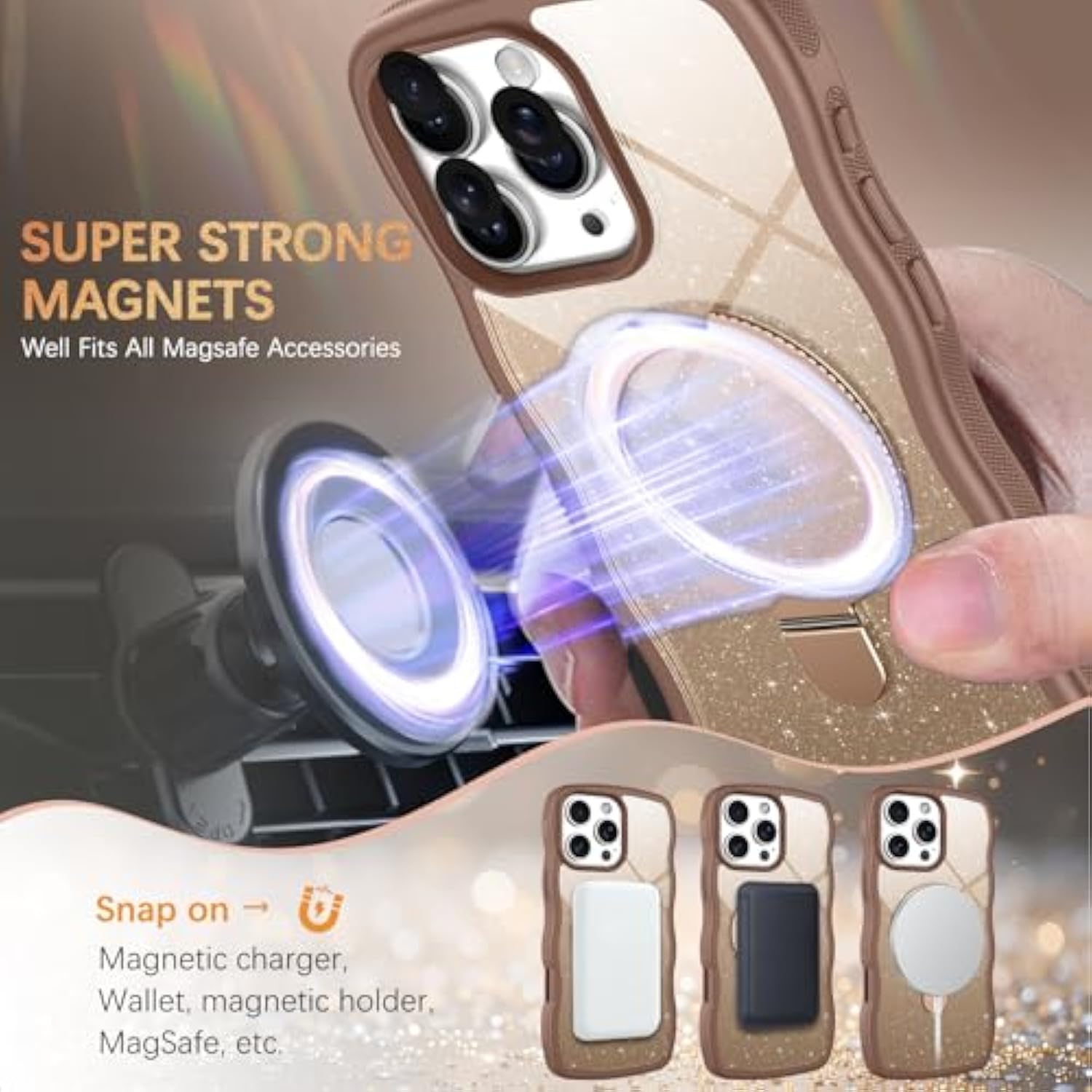 For Iphone 16 Pro Case With Stand, Clear Crystal Glitter Cute Curly Wavy 16 Pro Phone Case Compatible With Magsafe, Magnetic Ring Kickstand Shockproof Anti-Slip Cover, Desert Titanium