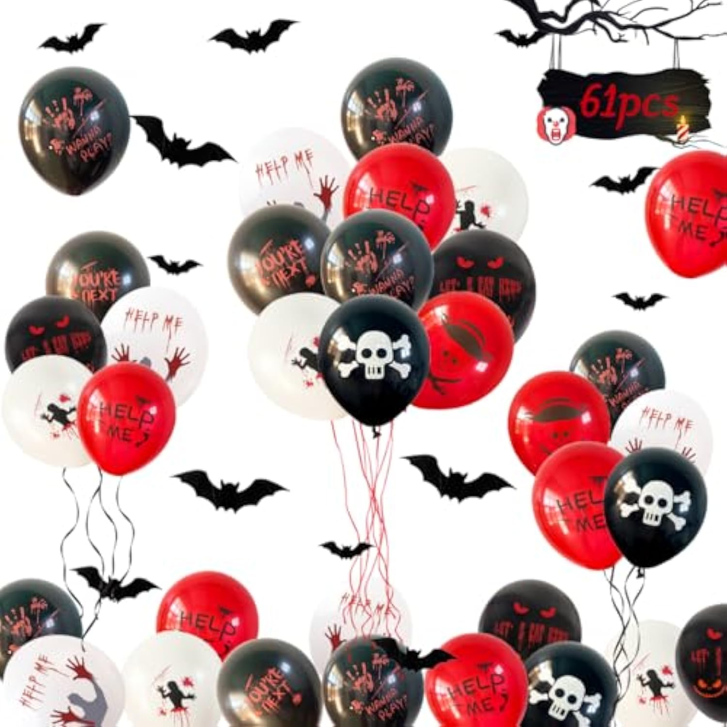 61pcs Halloween Scary Party Balloons Black Red Bloody Handprint Skeleton Skull Bats Party Decor