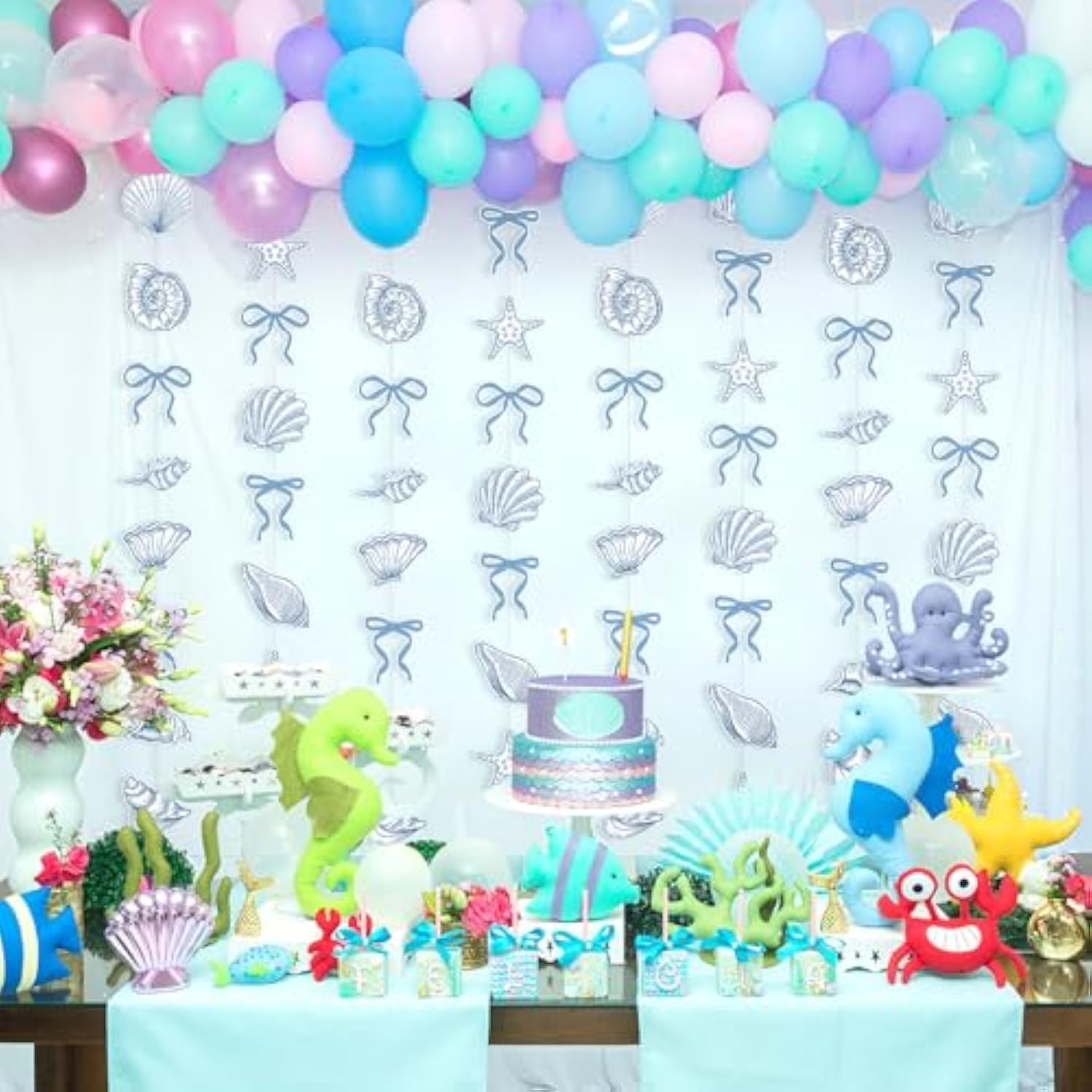 8 Pack Blue Bow Starfish And Seashell Garland 6.56 Ft Ocean Coastal Nautical Paper Hanging Decorations Pre Strung Banner For Under The Sea Beach Wedding Mermaid Birthday Party Decorations