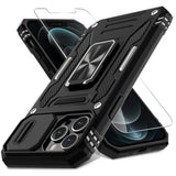 Case For Iphone 12 Pro Max With Slide Camera Cover+Screen Protector(1 Pack),Rotated Ring Kickstand Military Grade Shockproof Protective Cover 6.7 Inch-Black