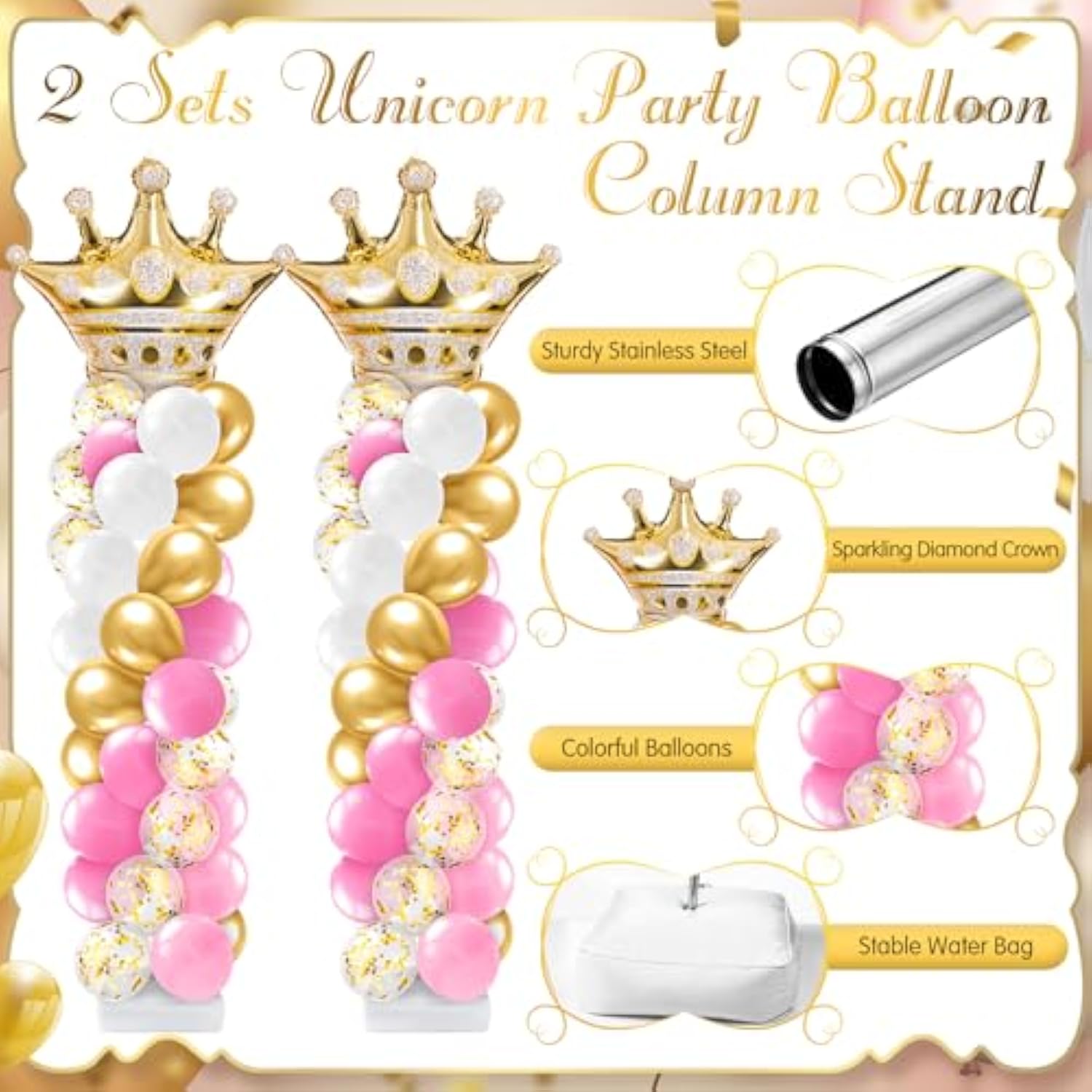 2 Princess Balloon Column Kits with Crowns & 100 Balloons for Baby Shower or Birthday Party