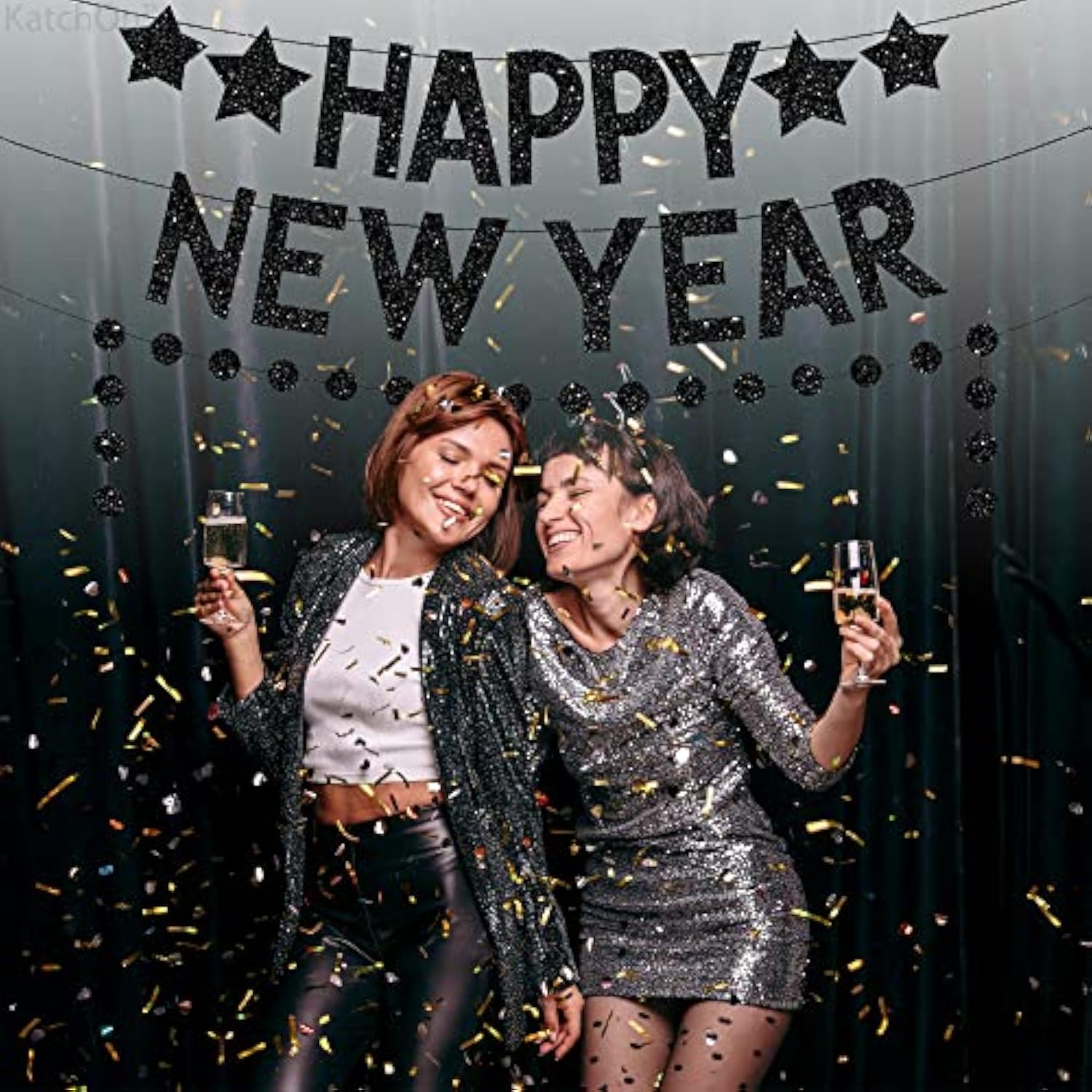 Glitter Happy New Year Banner 10ft Black 2 Strings Party Decor 2026