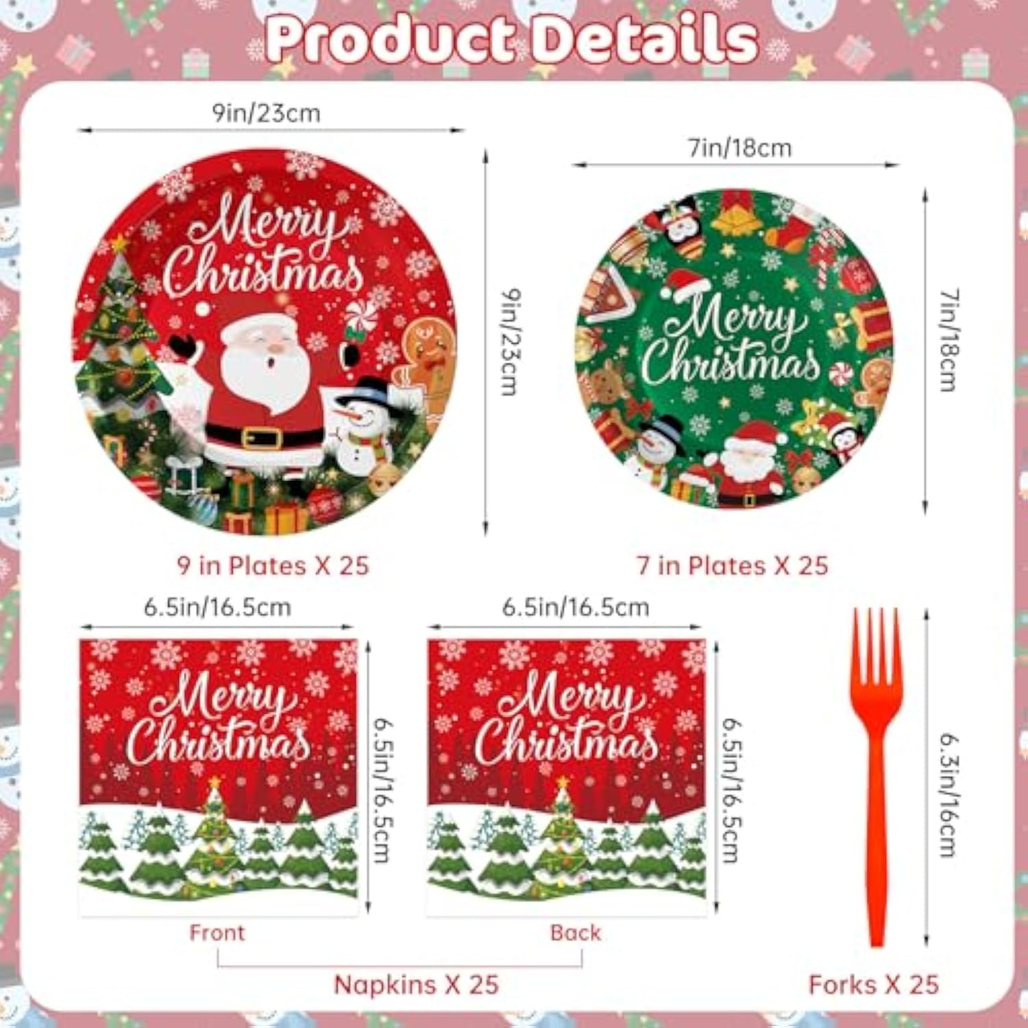 100 Pcs Merry Christmas Plates And Napkins Sets - Cute Winter Christmas Round Tableware, Disposable Chrismas Paper Plates And Napkins Forks For Xmas Party Supplies Favors Table Decor, Serves 25