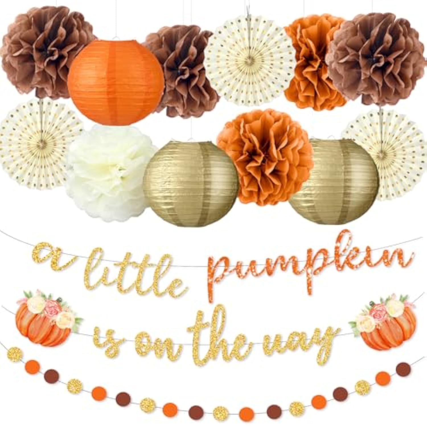 Little Pumpkin Fall Baby Shower Decoration 15 Pcs A Little Pumpkin Is On The Way Banner Tissue Pom Poms Paper Lantern Fan For Fall Birthday Baby Shower Gender Reveal Party Decor(Orange)
