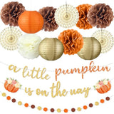 Little Pumpkin Fall Baby Shower Decoration 15 Pcs A Little Pumpkin Is On The Way Banner Tissue Pom Poms Paper Lantern Fan For Fall Birthday Baby Shower Gender Reveal Party Decor(Orange)