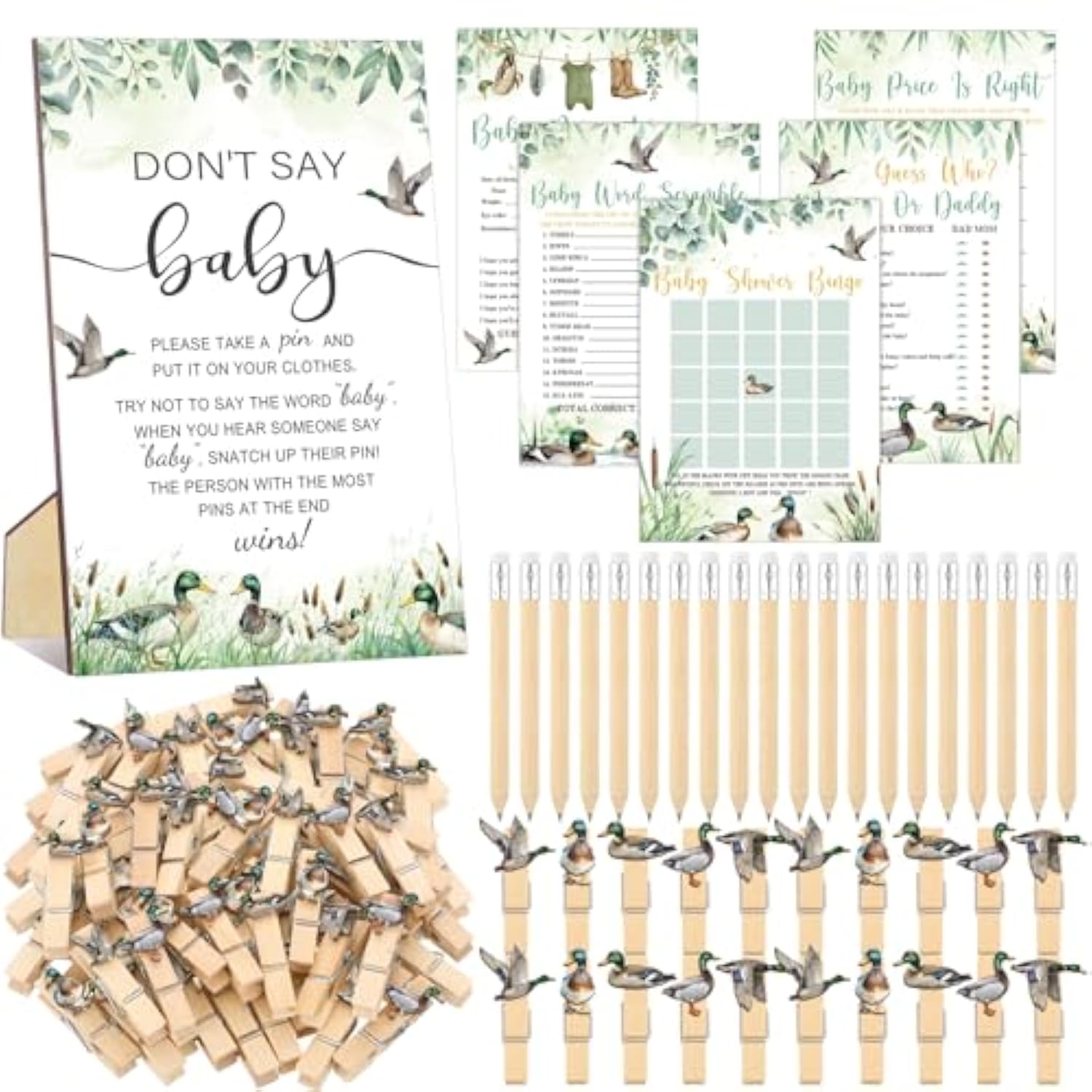 321 Pcs Baby Shower Games Supplies, 5 Sets (50 Cards Each) Activities Cards With 20 Pencils 1 Don'T Say Baby Sign 50 Clothespin(Mallard Duck)