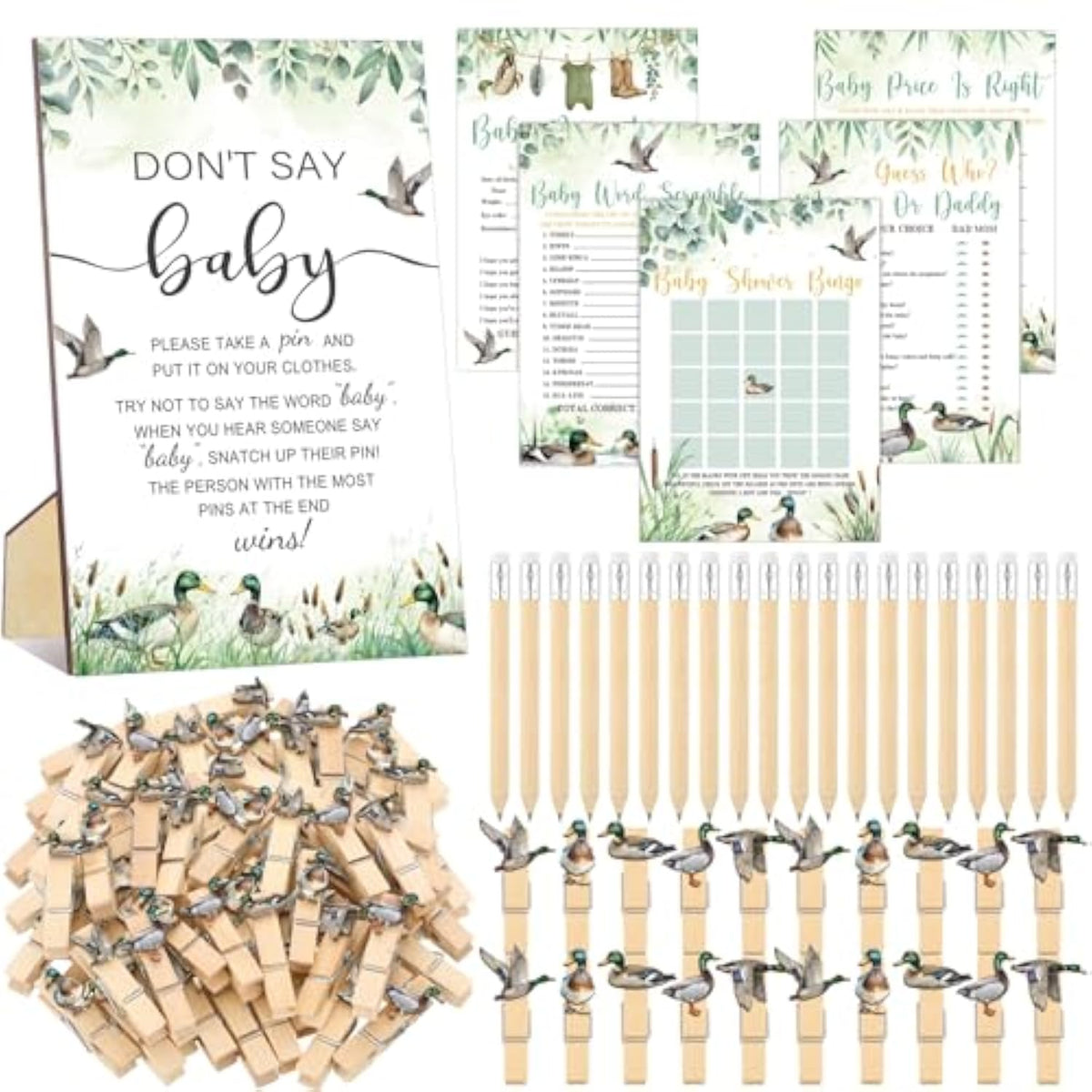 321 Pcs Baby Shower Games Supplies, 5 Sets (50 Cards Each) Activities Cards With 20 Pencils 1 Don'T Say Baby Sign 50 Clothespin(Mallard Duck)
