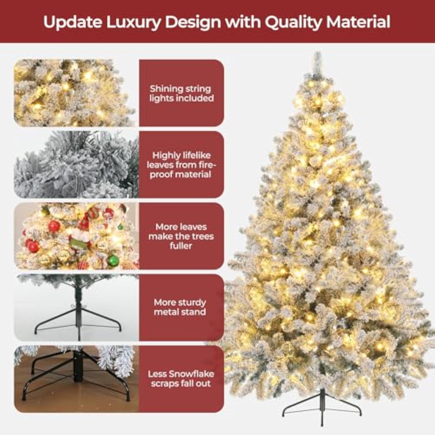 Artificial Christmas Tree, 4.5Ft Fake Christmas Trees With Lights, Snow Flocked Pencil Spruce Xmas Tree Foldable Stand Hinged For Home, Party, Office Decoration