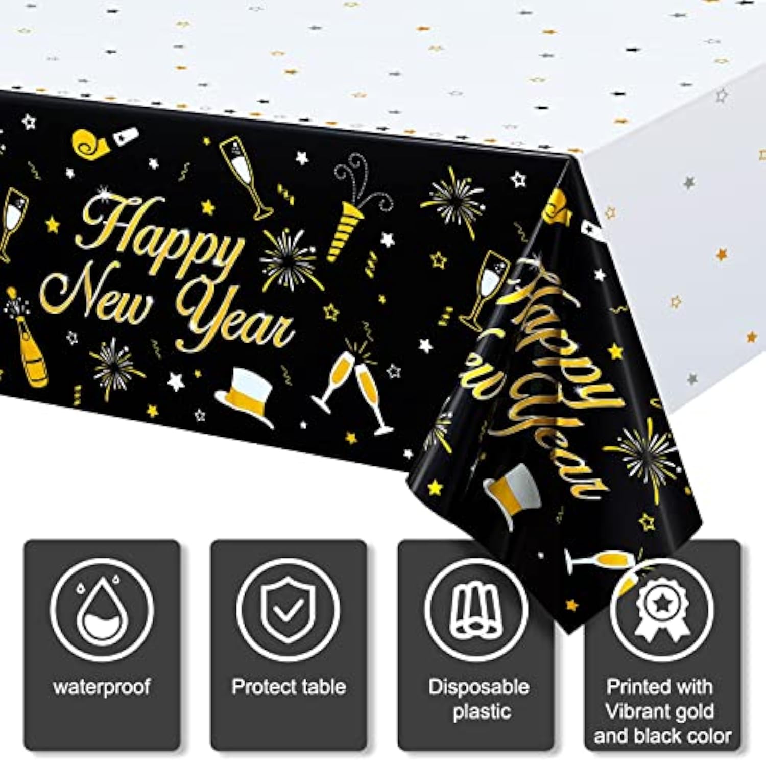 3 Pack 2026 Happy New Year Table Covers 54x108in Black Gold Party Decor