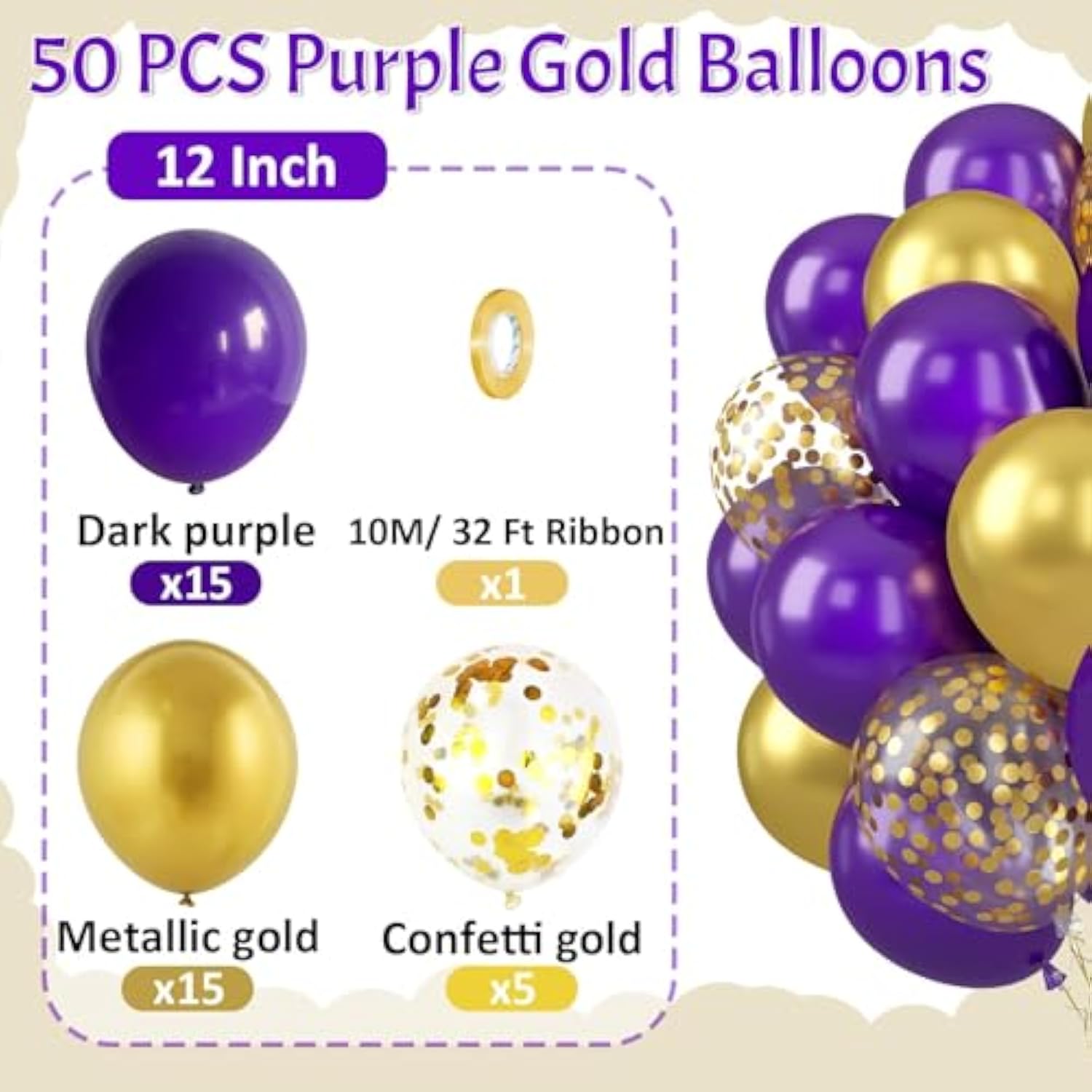 Purple and Gold Balloon Set 50pcs for Birthday Wedding Baby Shower Parties