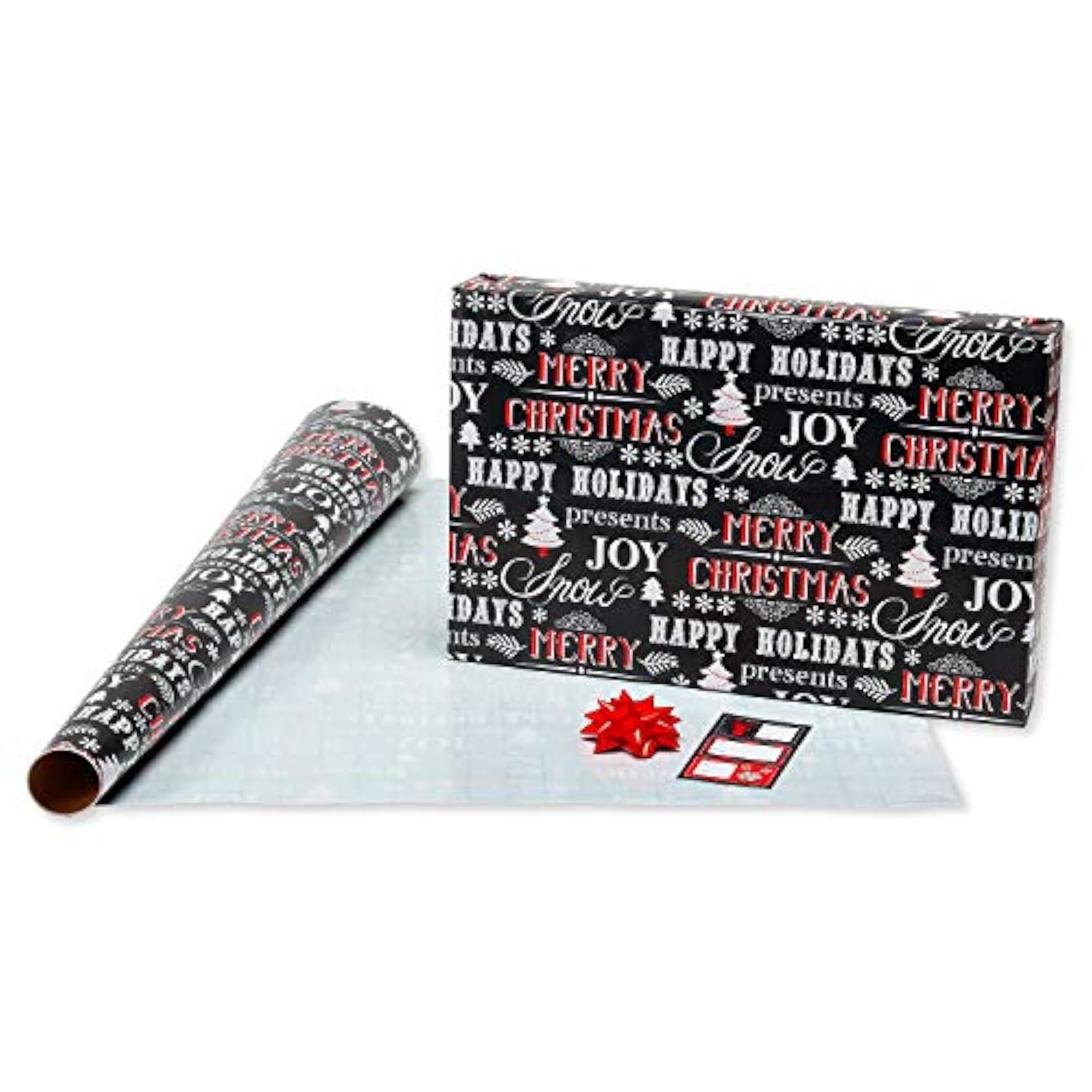 Christmas Wrapping Paper, Red And Black Buffalo Plaid Holiday Gift Wrap Set (120 Sq.Ft., 4 Rolls-30 In. X 12 Ft., 7 Adhesive Bows, 30 Gift Tag Stickers) Rustic, Snowflakes, Reindeer