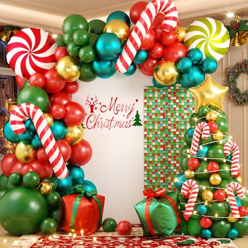 Christmas Balloon Garland Arch kit with 130Pcs Red Green Gold and Candy Balloons Gift Box Star Balloons for Christmas Party Decorations