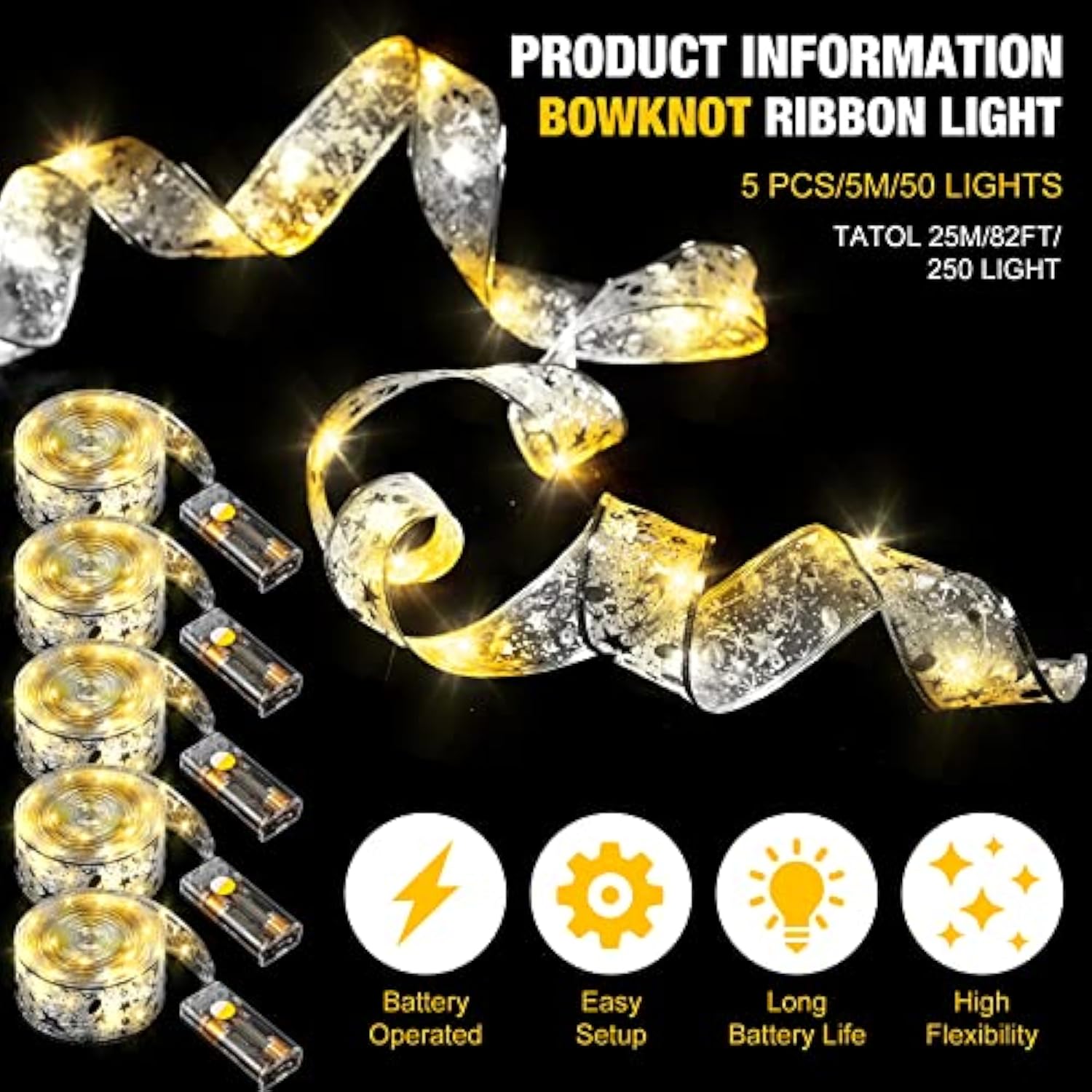 5 Piece 82Ft Christmas Ribbon Lights 250 Led Glow Ribbon Strings Lights Shining Ribbon Fairy Lights With Double Layer Co