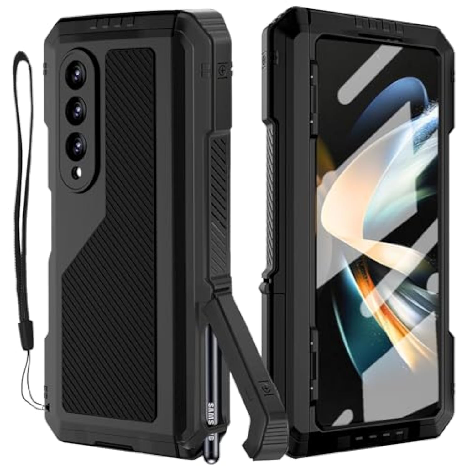 For Samsung Galaxy Z Fold 4 Metal Case With S Pen Holder, Military Rugged Heavy Duty Z Fold4 Case Built In Screen Protector Full-Body Drop Protection Kickstand Phone Case For Z Fold 4 - Black