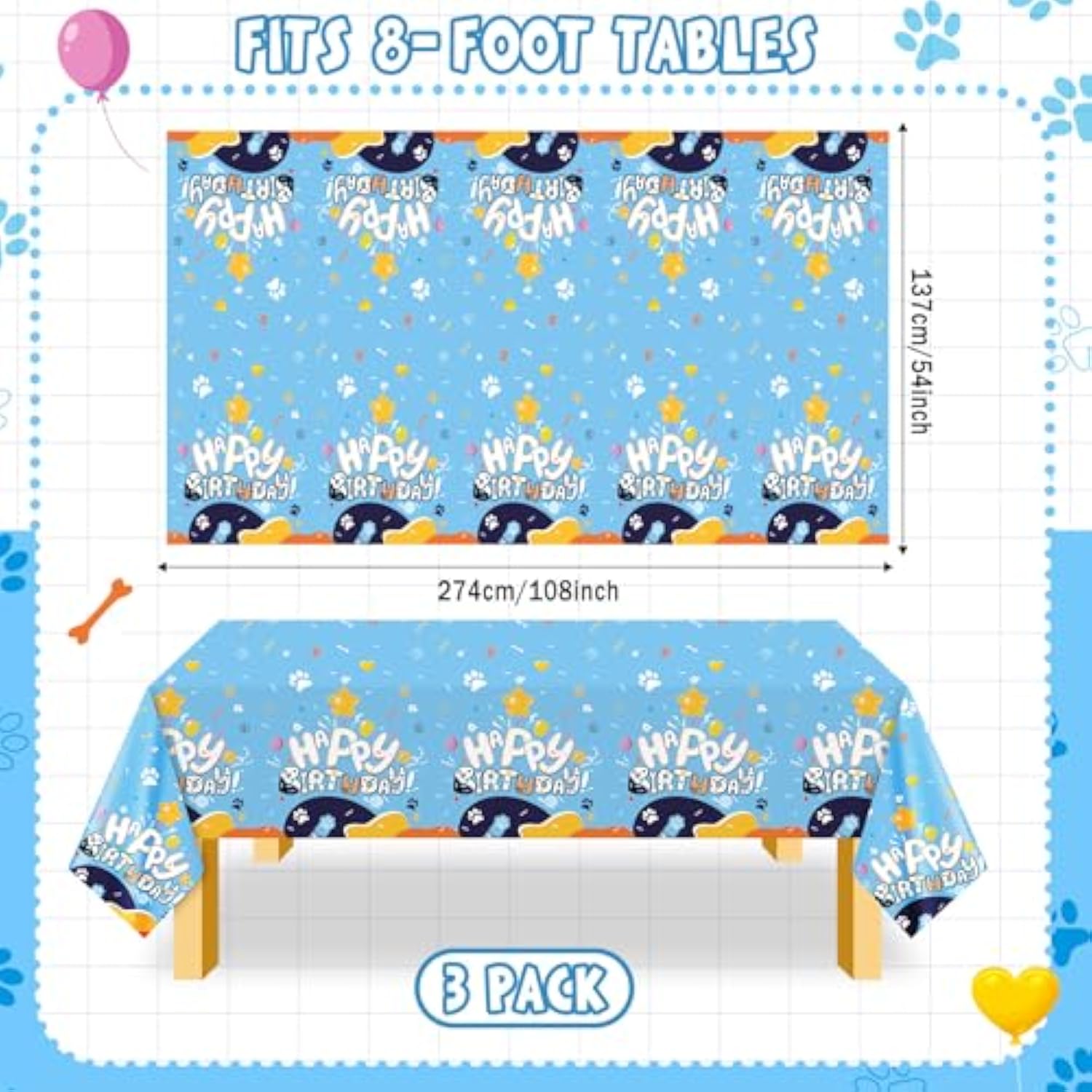 3 Pack Blue Dog Party Tablecloth Dog Them Birthday Decor 108'' × 54'' Blue Yellow Plastic Table Cloth Puppy Paw Prints Bone Disposable Rectangle Table Cover For Baby Shower Party Supplies