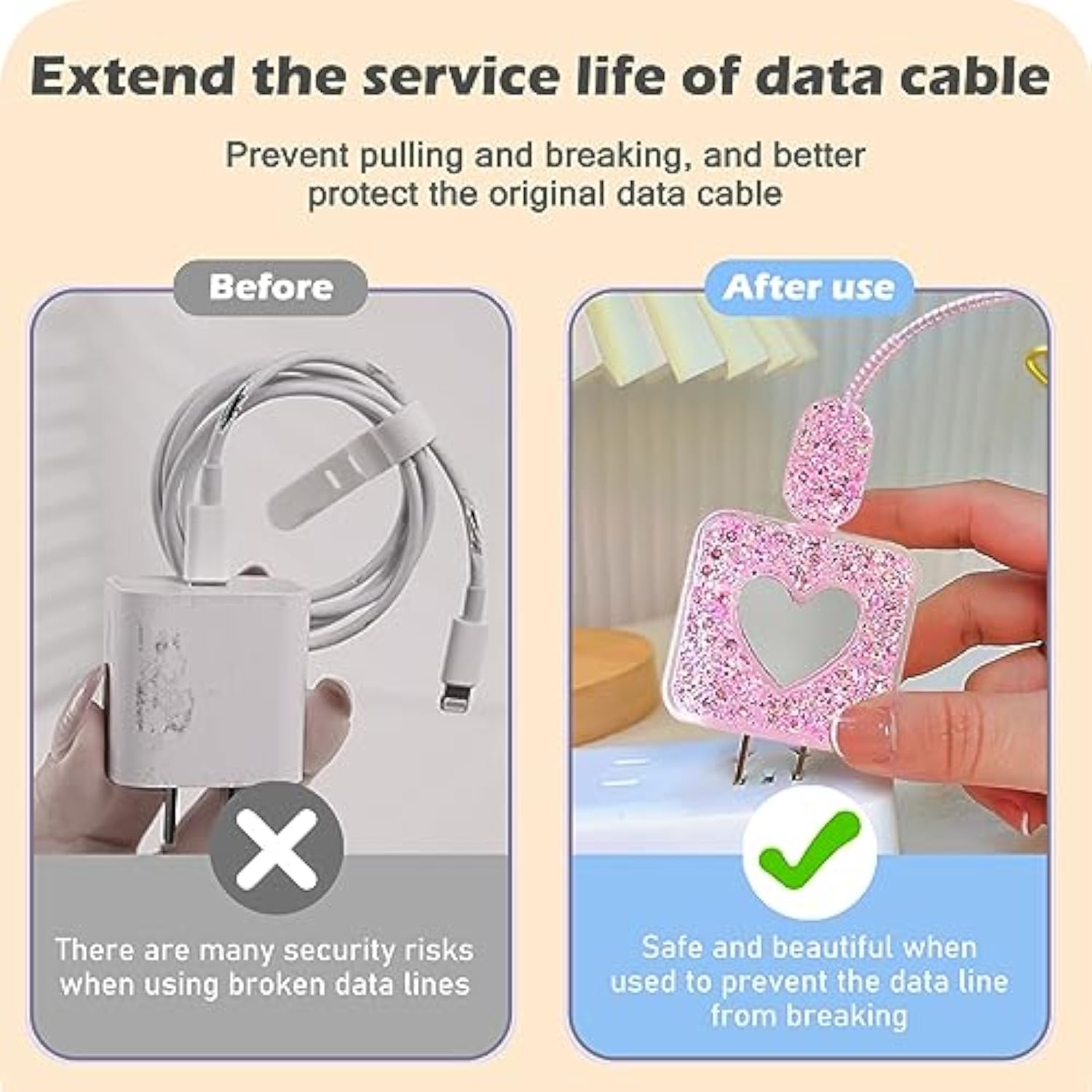 Diy Cable Protector Compatible For Apple Iphone Charger With Mirror,Cute Glitter Bling Love Heart Design,Data Line Usb Case Wire Cable Saver Phone Charger Protector For Iphone (Pink)