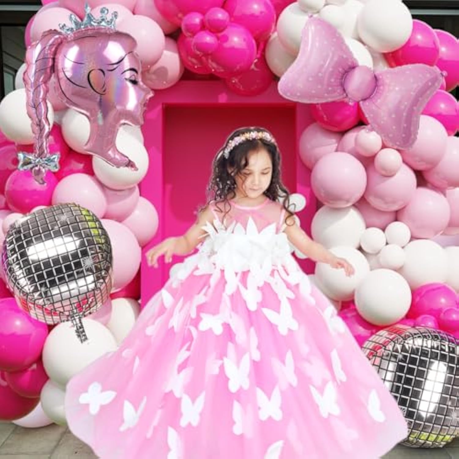 Hot Pink Princess Balloon Arch Kit With Rose Red, Light Pink, Matte White Balloons, Silver Disco Ball, Bows And Crown For Girl Summer Birthday, Coquette Party, Ballerina,Graduation, Baby Shower Decor