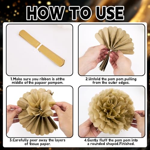 15 Pcs Black Gold Cream Tissue Paper Pom Poms Black and Gold Party Decorations Hanging Paper Flowers Decor for Prom 2026 Graduation Birthday Wedding New Year Home Wall Ceiling Decor