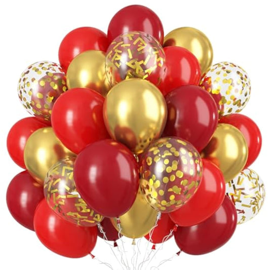 Red And Gold Balloon, 60 Pack 12 Inch Different Shades Red Party Balloons, Dark Red And Metallic Gold Confetti Balloons For Women Wedding Bridal Shower Birthday Christmas Party Decorations