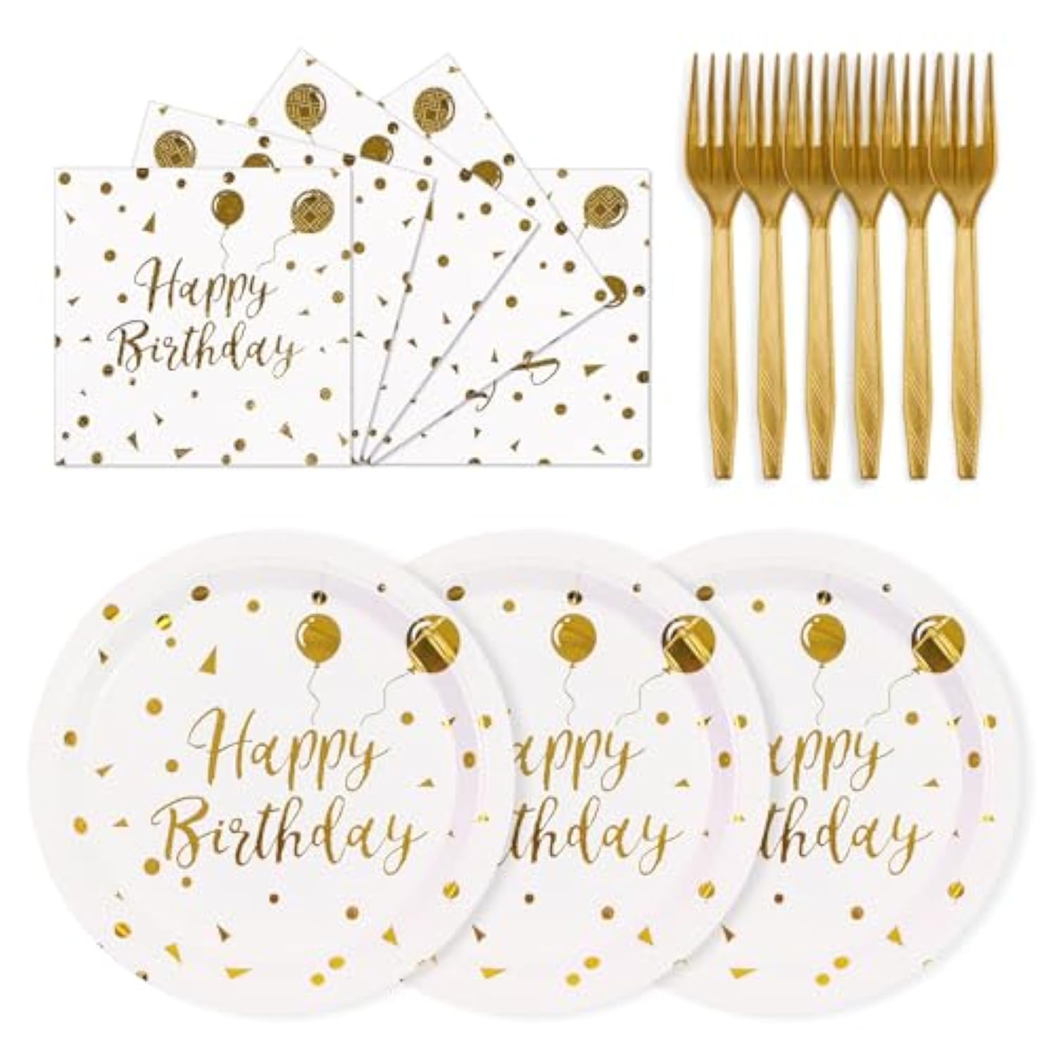 75Pcs Happy Birthday Paper Plates 7" White Gold Dot Set with Napkins & Forks, 25 Guests