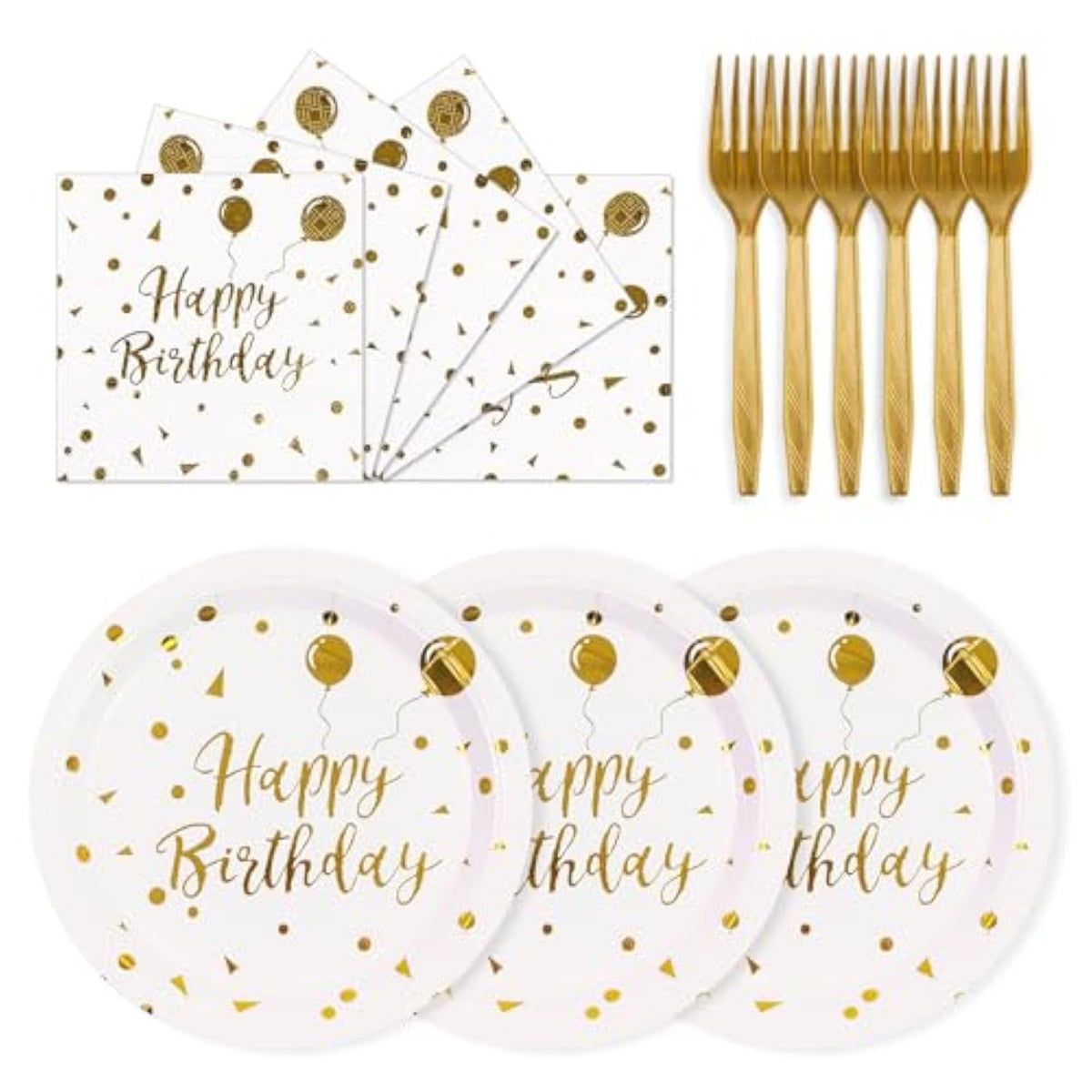 75Pcs Happy Birthday Paper Plates 7" White Gold Dot Set with Napkins & Forks, 25 Guests