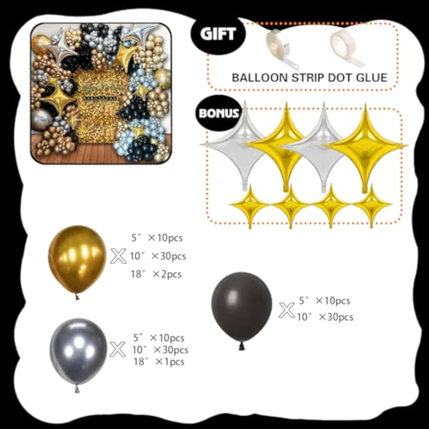 Black & Gold Balloon Arch Kit Metallic Silver Star Foils & 2025 NYE Party Decor