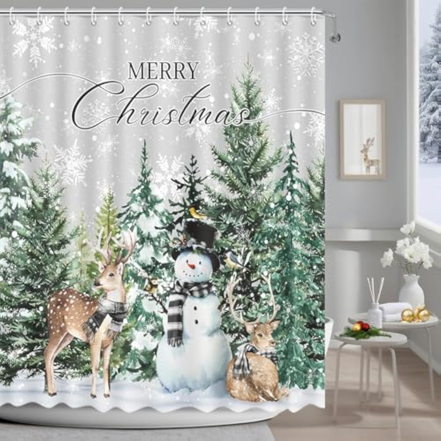 Christmas Forest Shower Curtains Merry Christmas Winter Woodland Snowman Bathroom Decor Winter Deer Shower Curtain With 12 Hooks For Xmas Home Decor 72X72 Inch