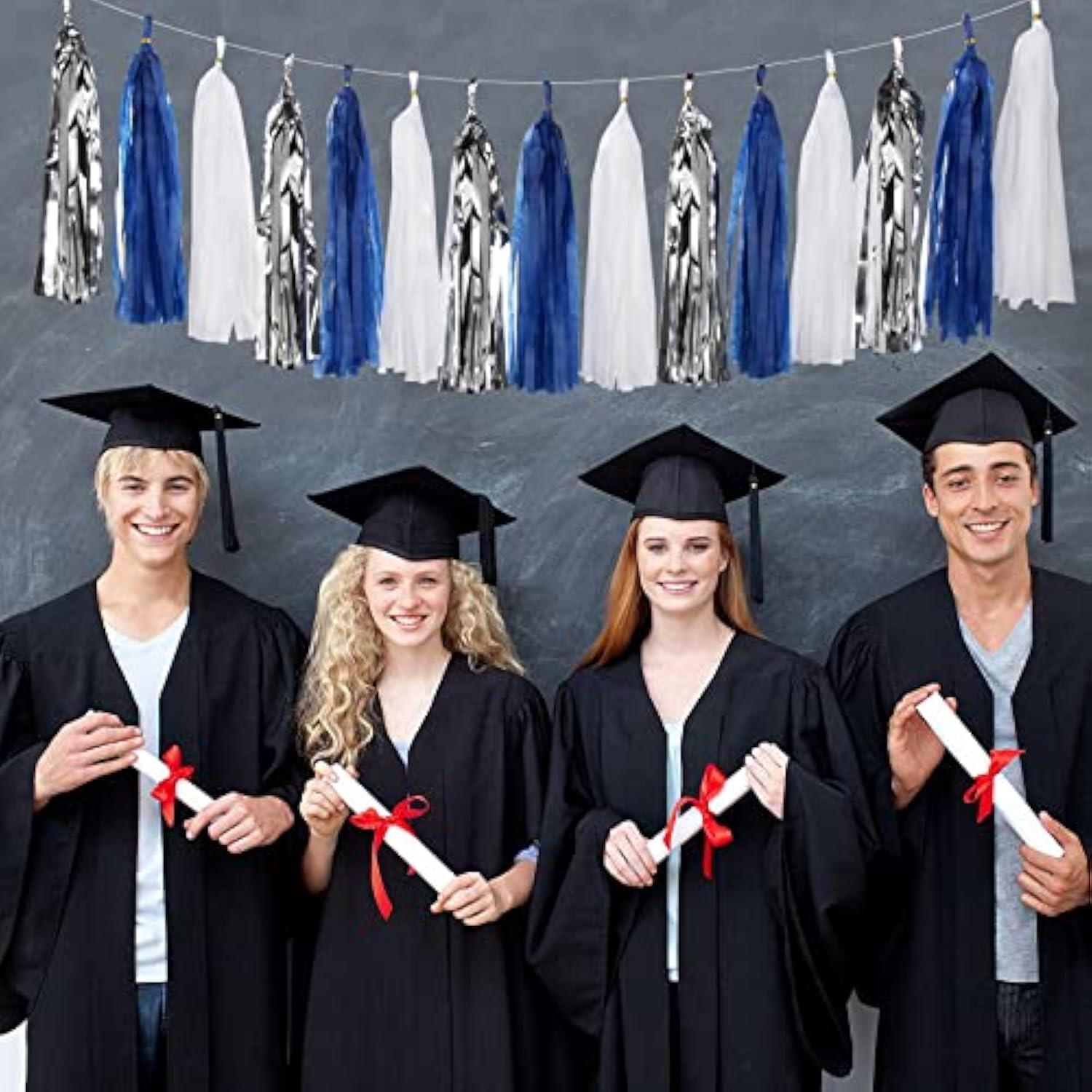 Navy-Blue White-Silver Tassel Garland Streamers - 15Pcs Party Decorations Tissue Paper Tassels Banner,Graduation 2025 Wedding Baby Bridal Shower Hanging Decoration Boy Birthday Backdrop Decor